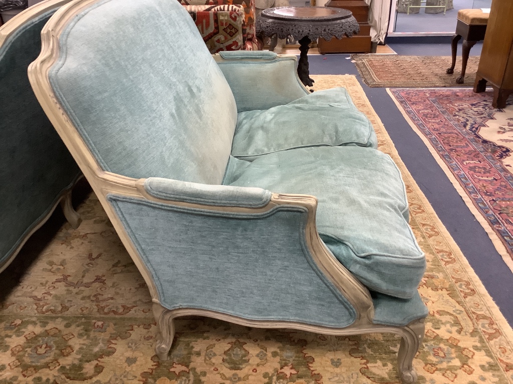 A pair of Louis XVI design two seater sofas, length 152cm, depth 95cm, height 92cm